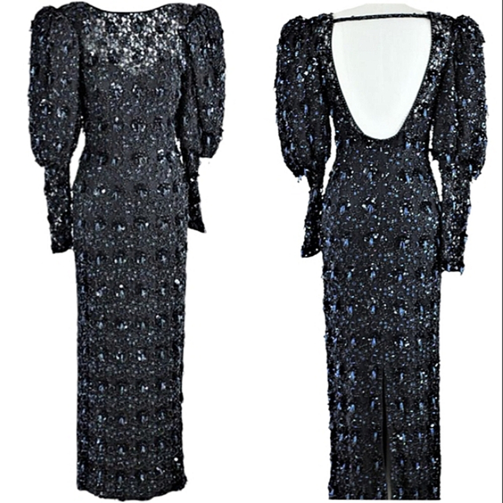 Black Tie By Oleg Cassini Beaded Puff Sleeve Formal Gown - Picture 2 of 12